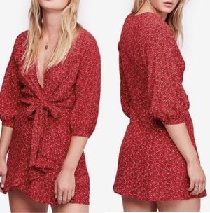 Free People Clara Tunic Mini Floral V Neck Faux Wrap Red Mini Dress Medium